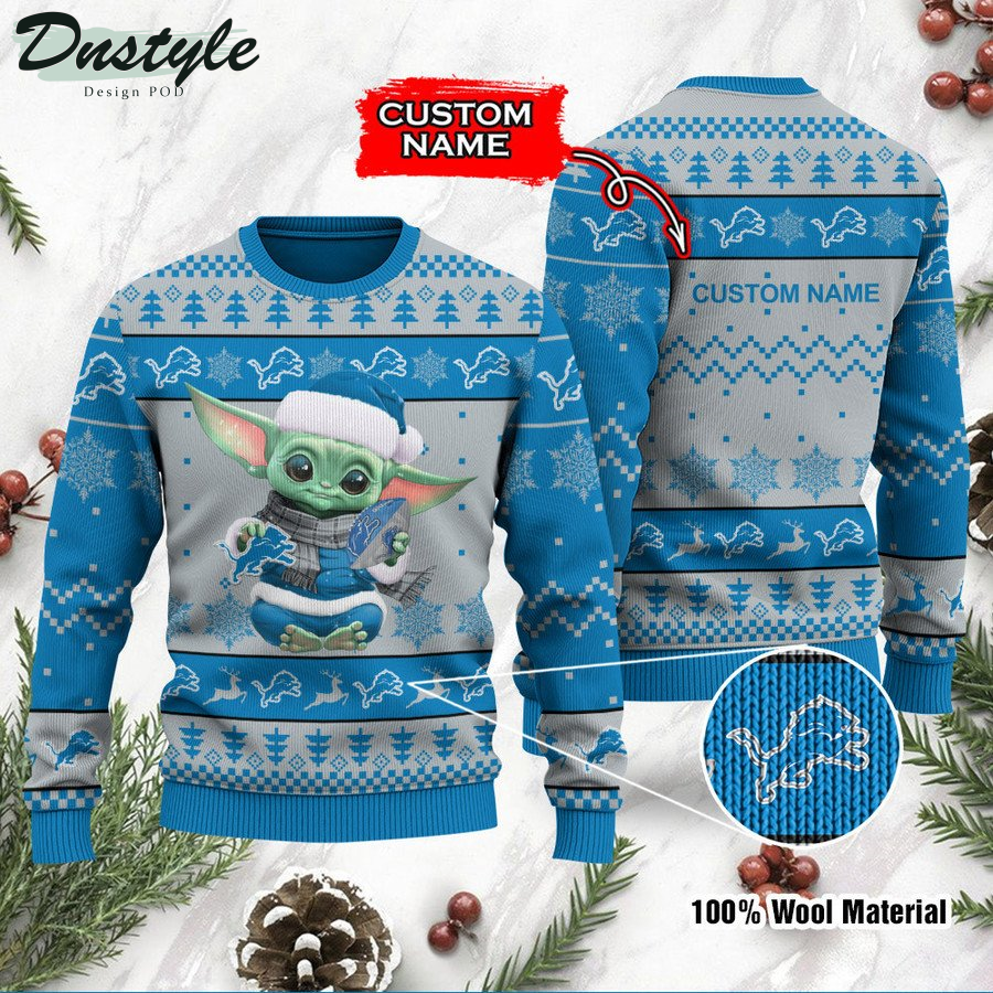 Detroit Lions Baby Yoda Custom Name Ugly Christmas Sweater