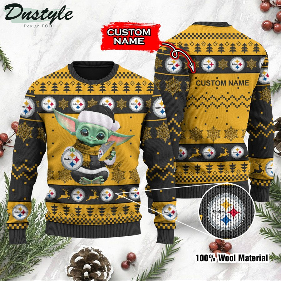 Pittsburgh Steelers Baby Yoda Custom Name Ugly Christmas Sweater