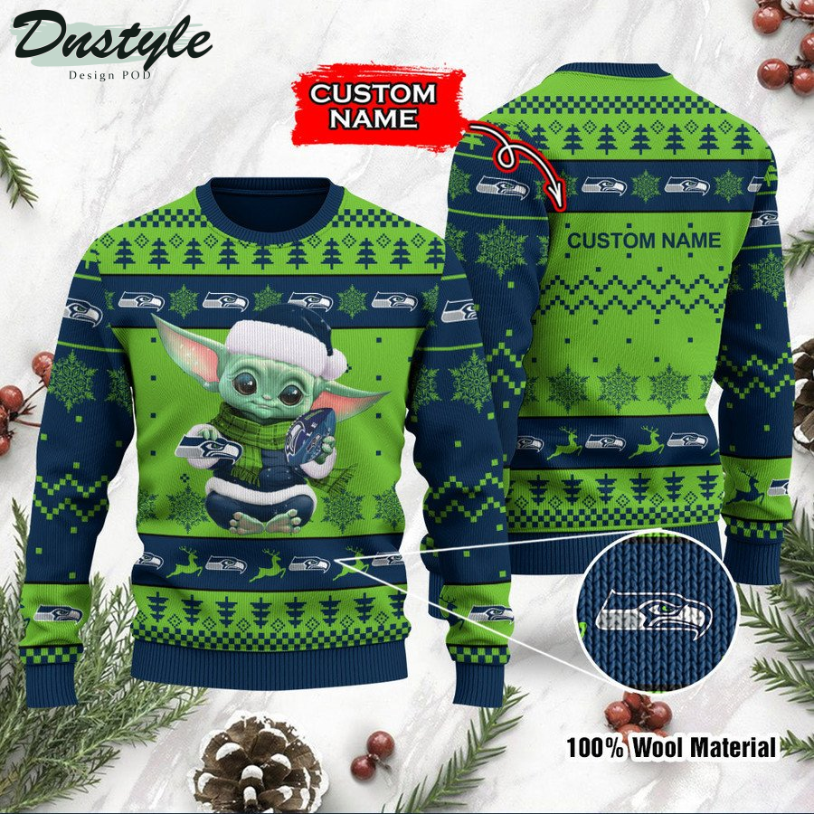 Seattle Seahawks Baby Yoda Custom Name Ugly Christmas Sweater
