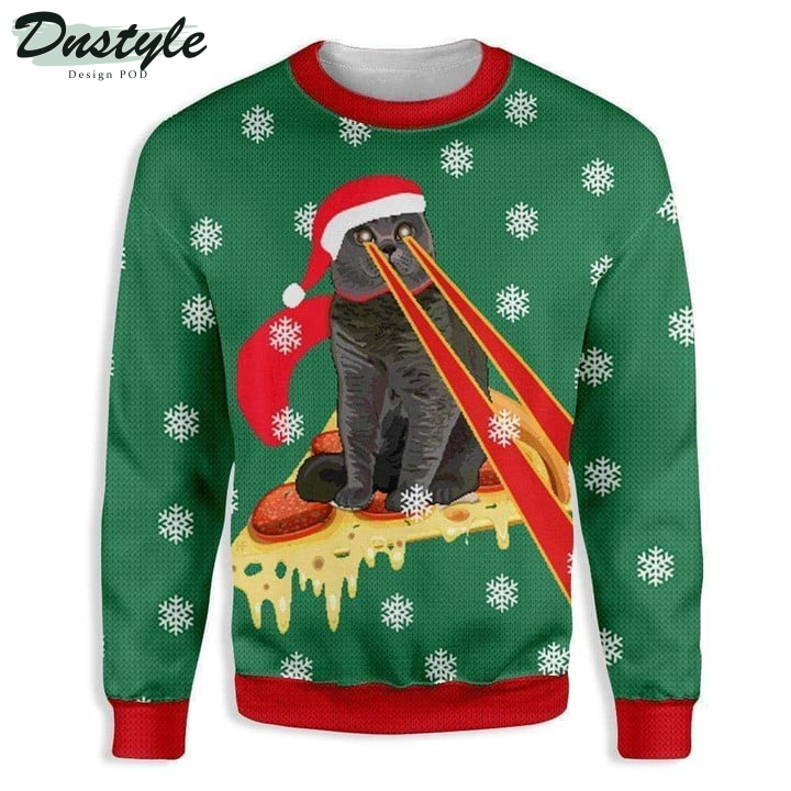 Pizza Cat Santa With Laser Eyes Green Ugly Christmas Sweater