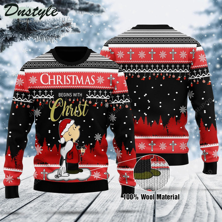 Snoopy Peanuts Snoopy And Charlie Begins With Christ Black Red Ugly Christmas Sweater