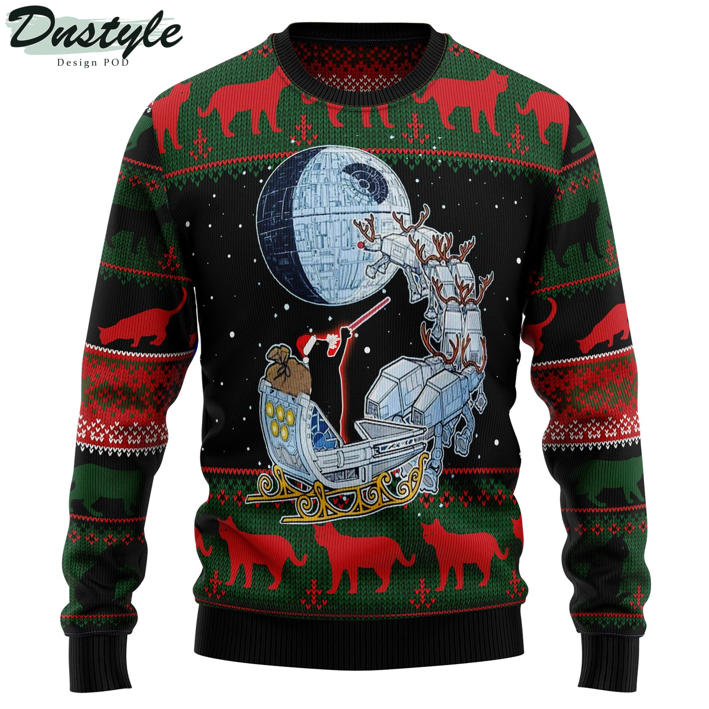 Black Cat Sleigh To Death Star Ugly Christmas Sweater