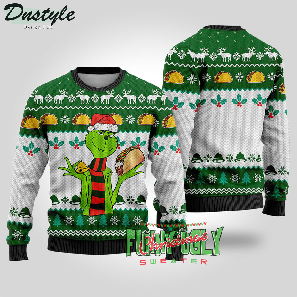 Grinch Stealing Taco Bell Forest Green Ugly Christmas Sweater