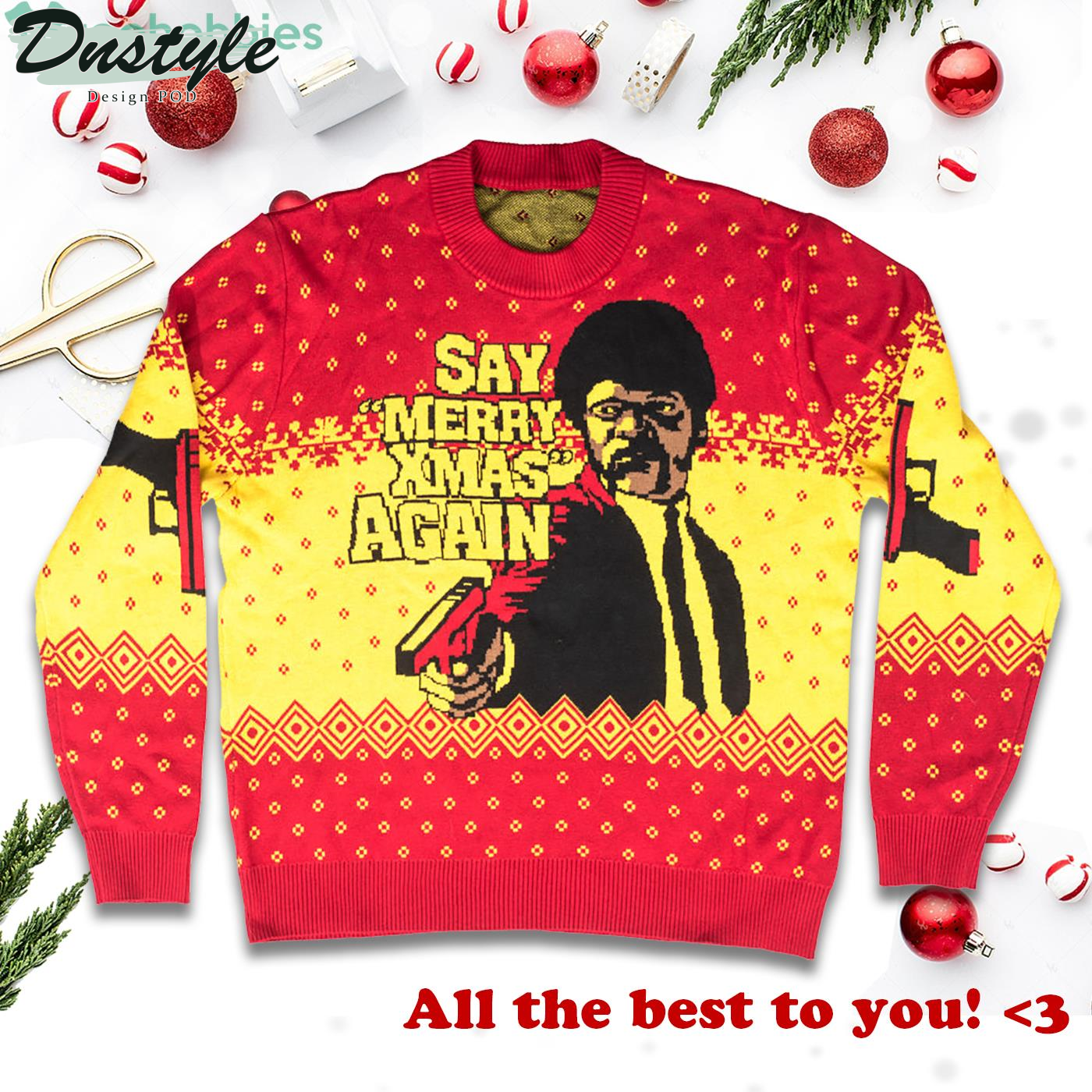 Pulp Fiction Merry Xmas Again Samuel L. Jackson Ugly Christmas Sweater