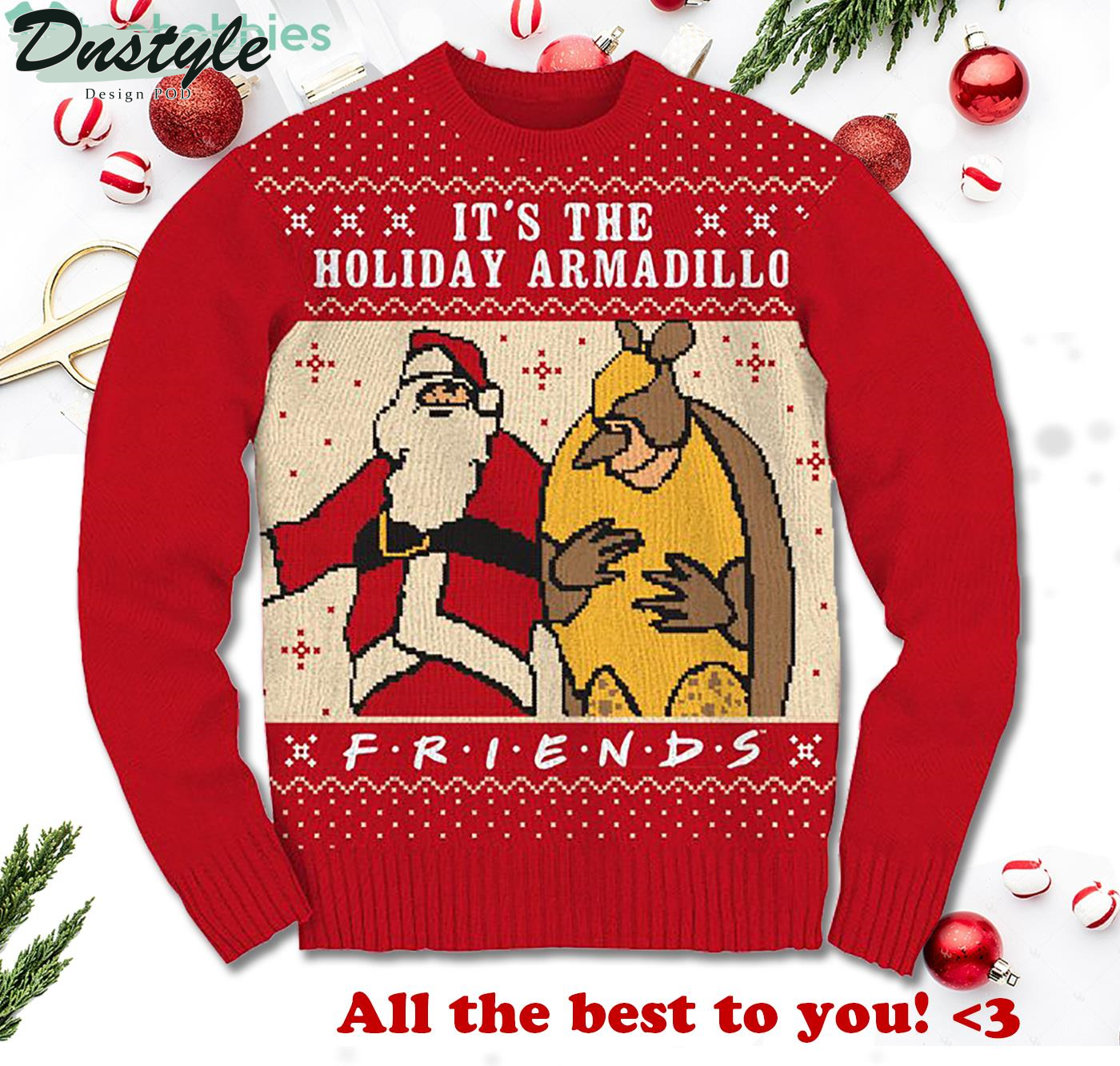 Friends Holiday Armadillo And Santa Adult Ugly Christmas Sweater