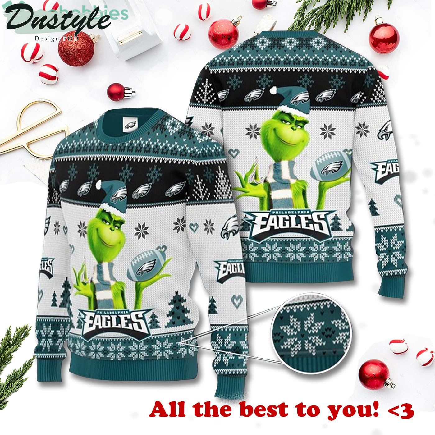 The Grinch Philadeiphia Eagles Pattern Ugly Christmas Sweater