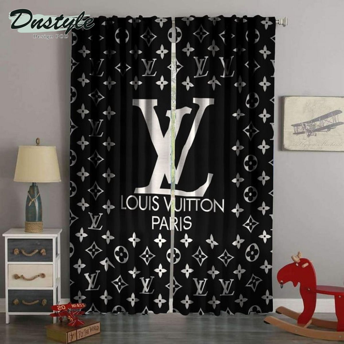 Luxury Louis Vuiton Paris Monogram Black Background Window Curtain