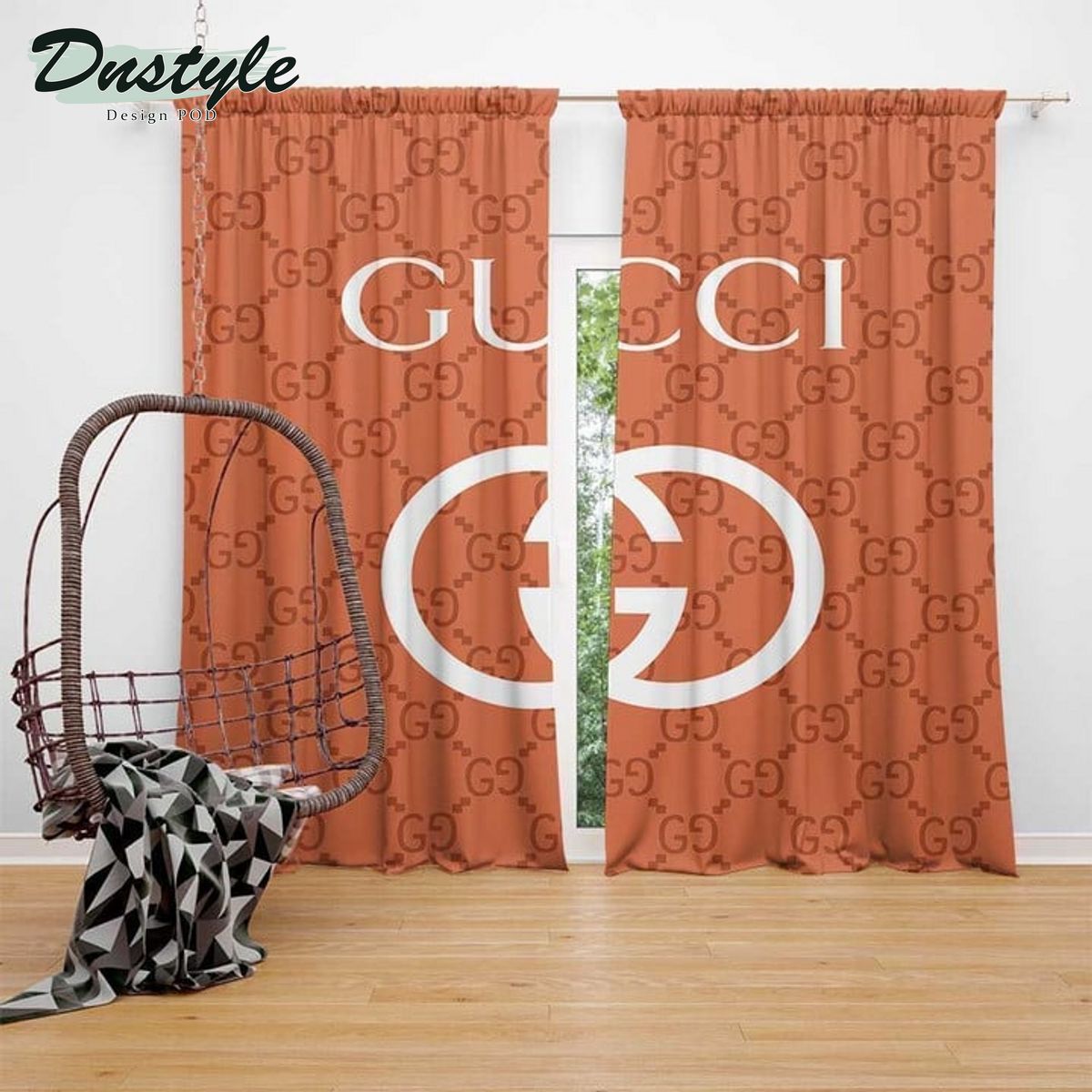 Luxury Gucci Gold Logo Brown Background Window Curtain