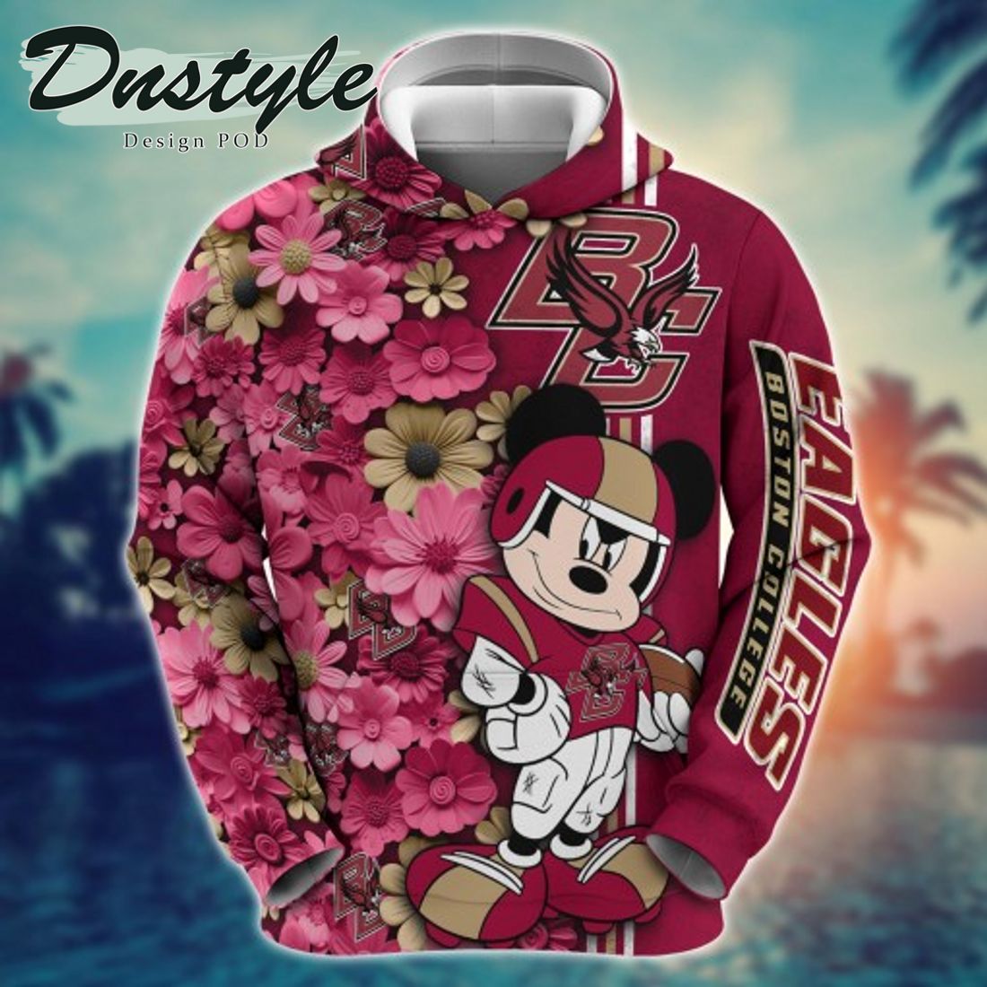 NCAA Boston College Eagles Mickey Mouse Line Stripe Flower 3D Hoodie
