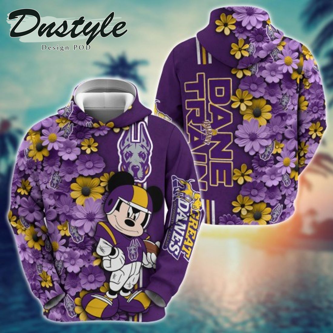 NCAA Albany Great Danes Mickey Mouse Line Stripe Flower 3D Hoodie