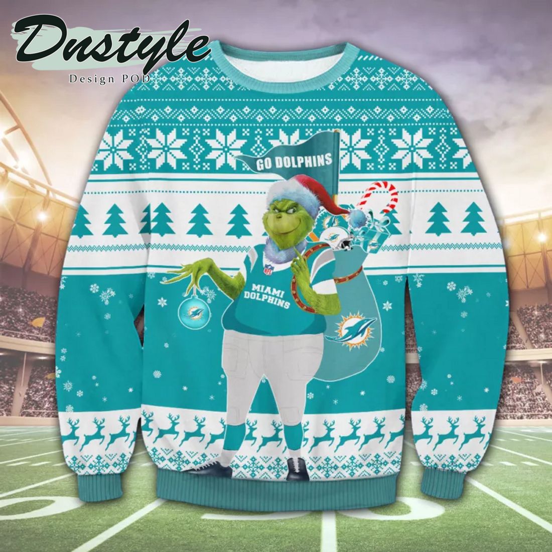 Miami Dolphins NFL Grinch Santa Hat Ugly Christmas Sweater