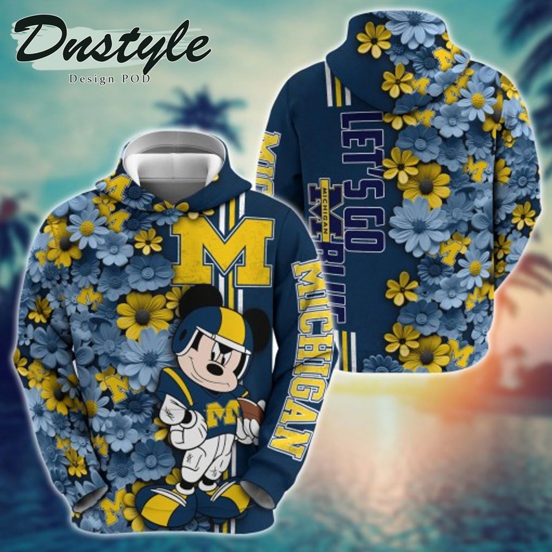 NCAA Michigan Wolverines Mickey Mouse Line Stripe Flower 3D Hoodie