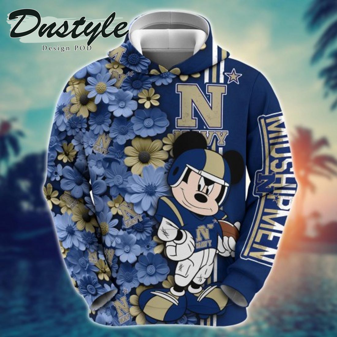 NCAA Navy Midshipmen Mickey Mouse Line Stripe Flower 3D Hoodie