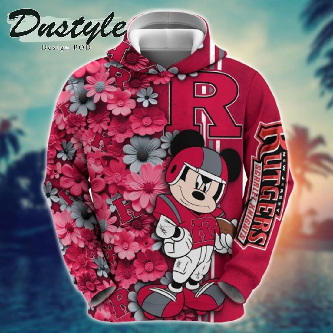 NCAA Rutgers Scarlet Knights Mickey Mouse Line Stripe Flower 3D Hoodie