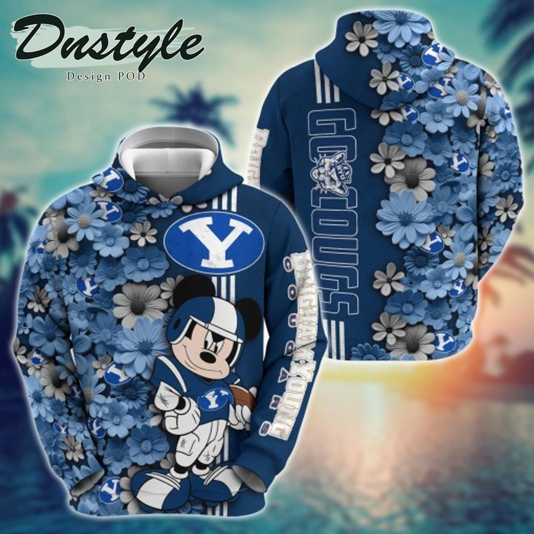NCAA BYU Cougars Mickey Mouse Line Stripe Flower 3D Hoodie