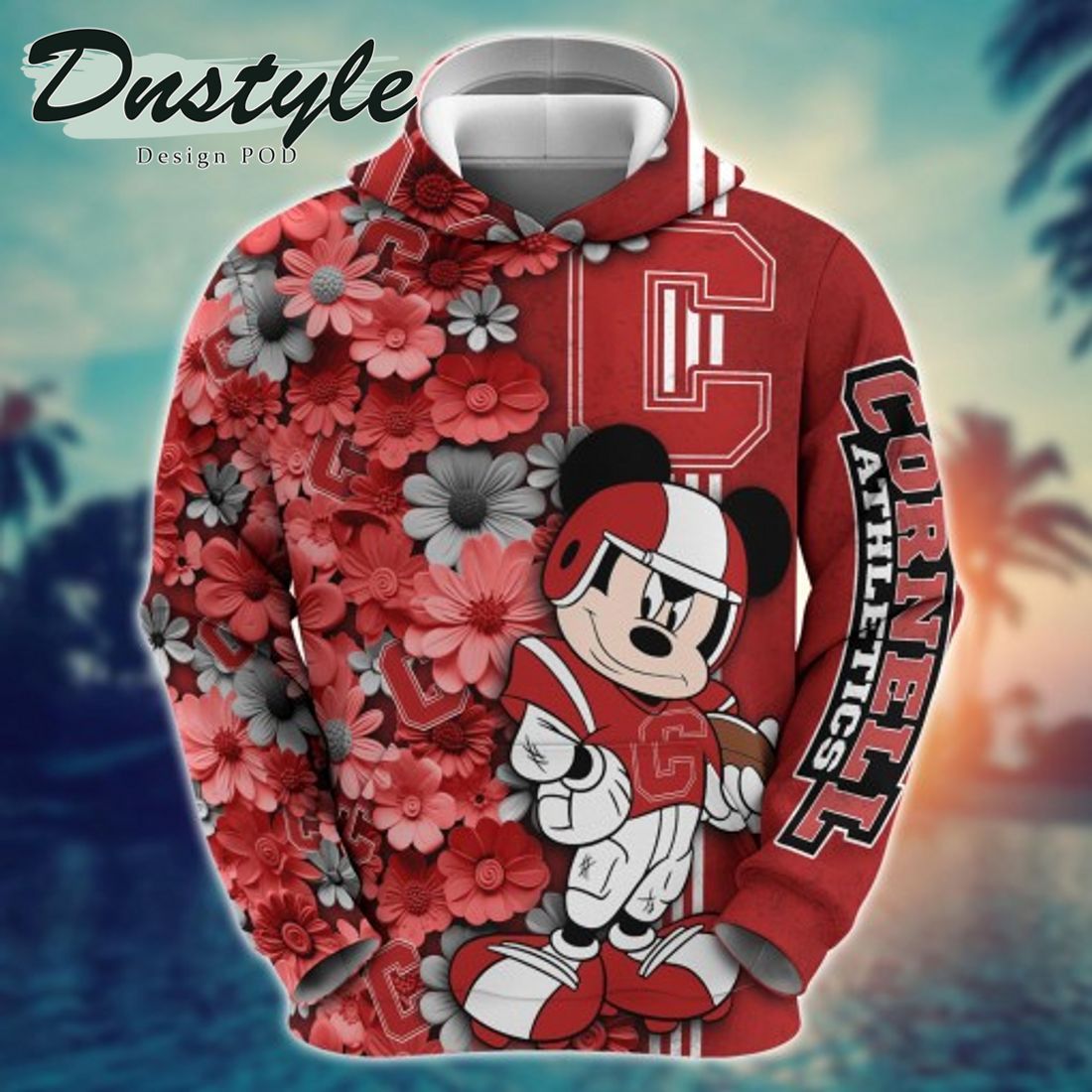 NCAA Cornell Big Red Mickey Mouse Line Stripe Flower 3D Hoodie